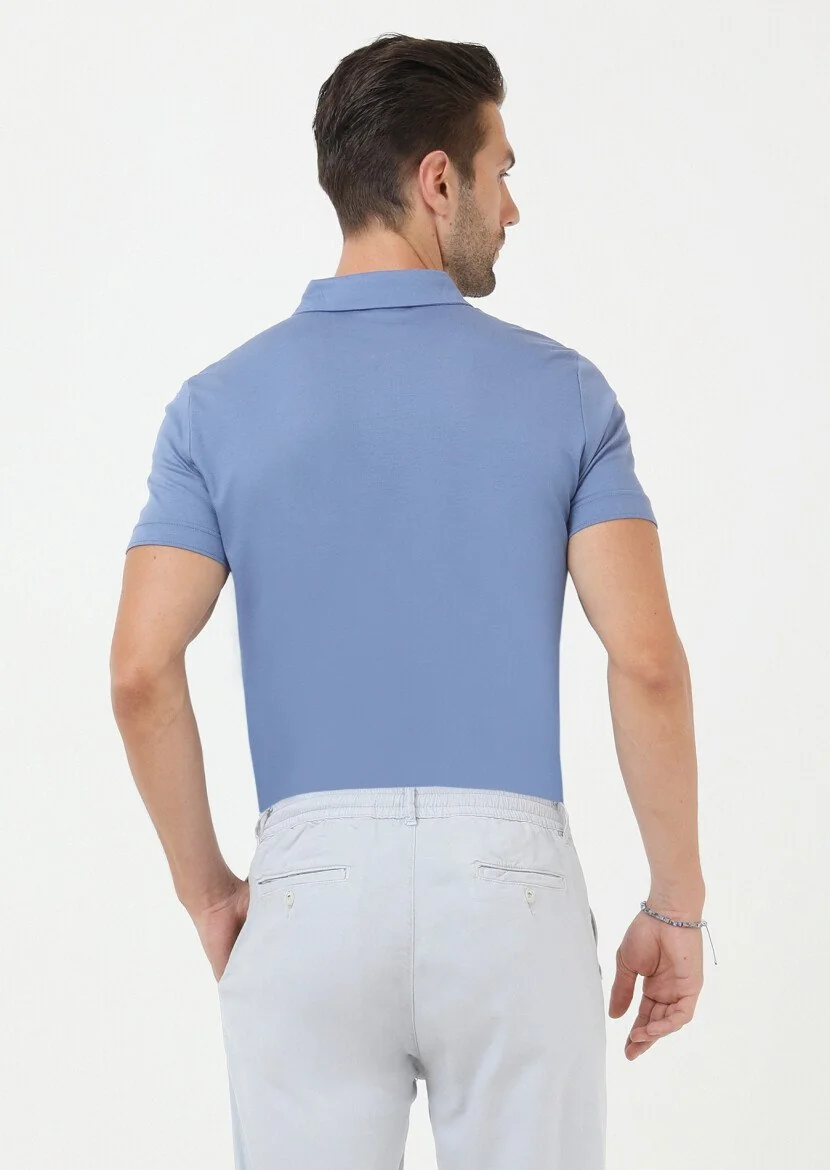 Koyu Mavi Jakarlı Polo Yaka %100 Pamuk T-Shirt - 4