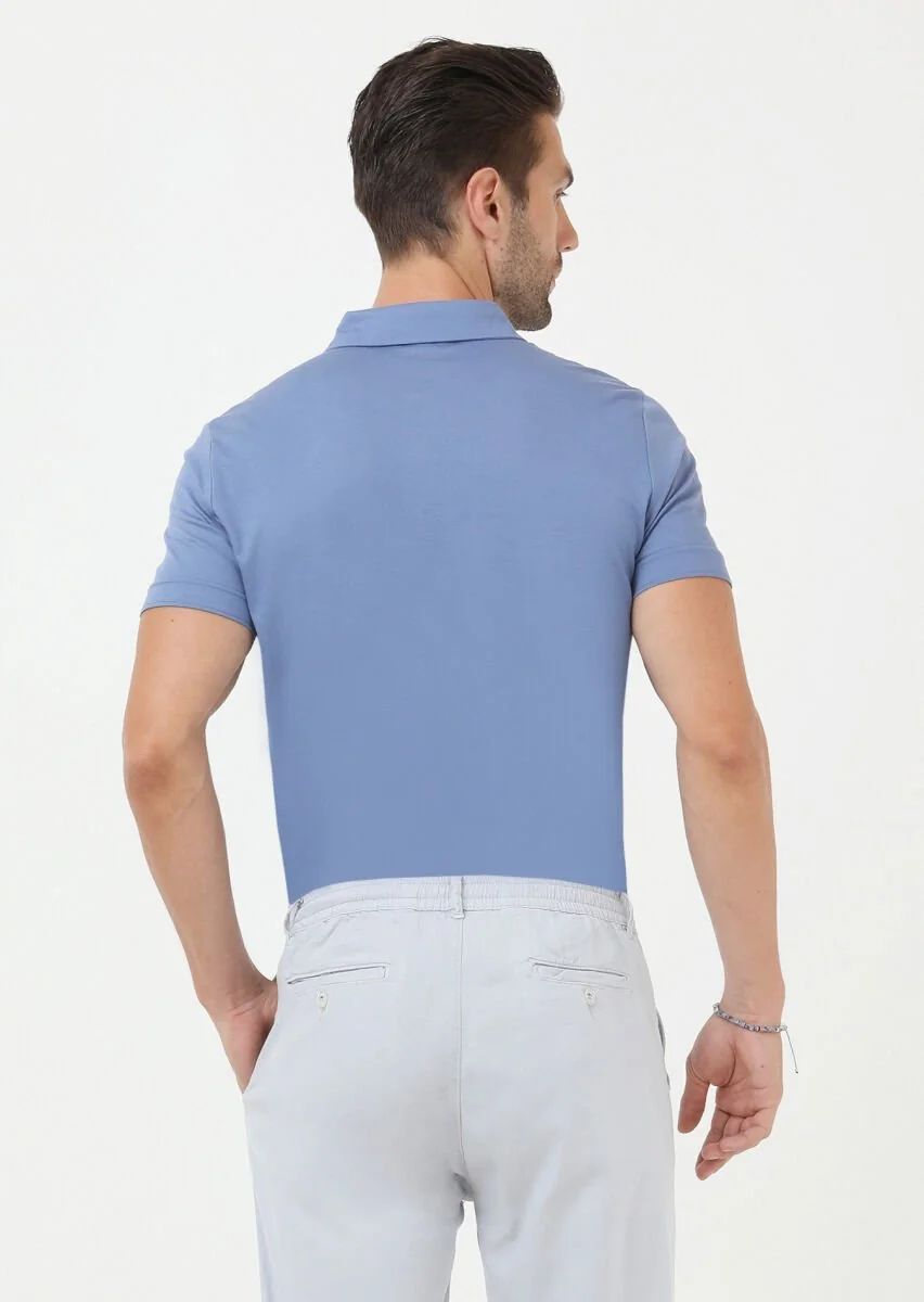 Koyu Mavi Jakarlı Polo Yaka %100 Pamuk T-Shirt - 4