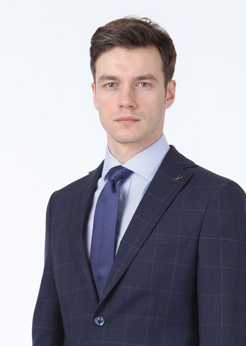 Koyu Mavi Kareli Modern Fit %100 Yün Takım Elbise - 3