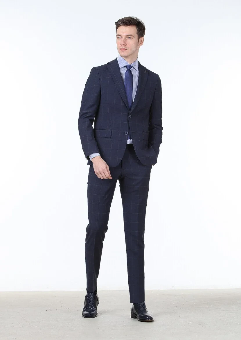 Koyu Mavi Kareli Modern Fit %100 Yün Takım Elbise - 1