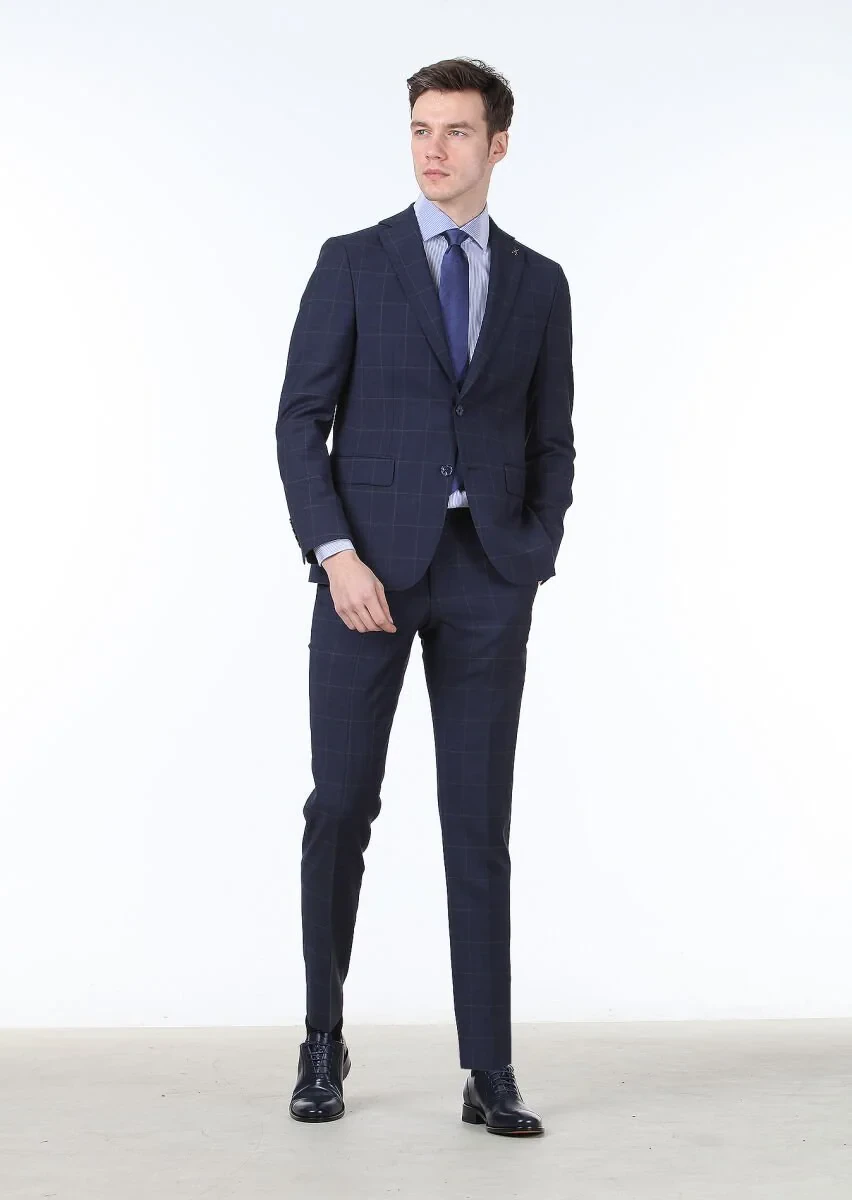 Koyu Mavi Kareli Modern Fit %100 Yün Takım Elbise - 1
