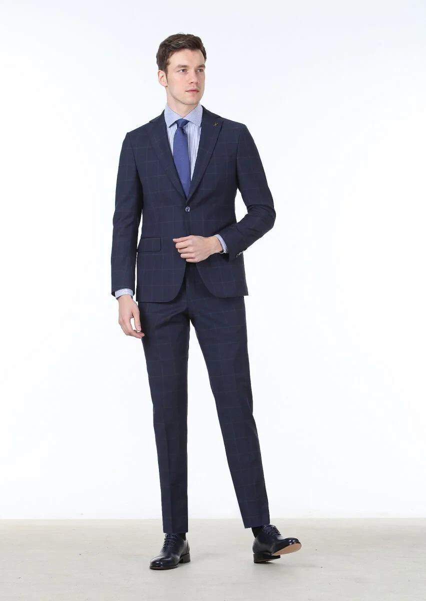 Koyu Mavi Kareli Modern Fit %100 Yün Takım Elbise - 2