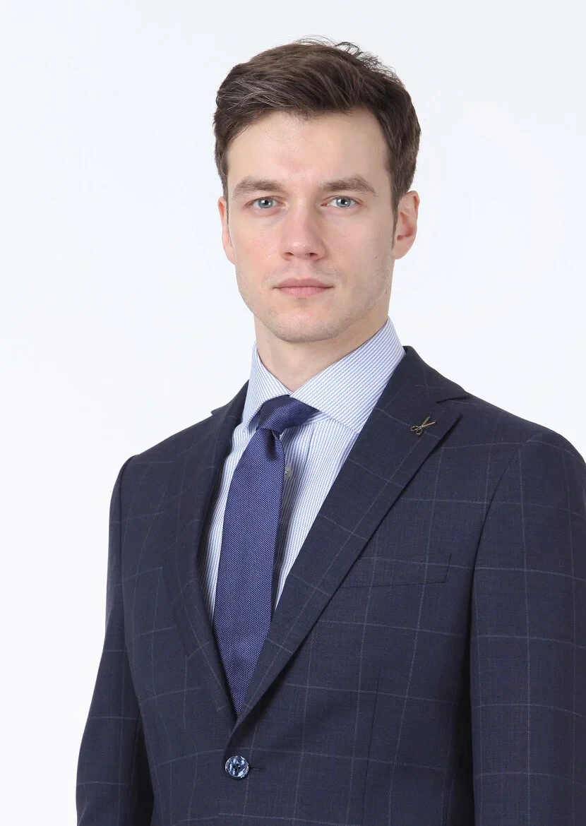 Koyu Mavi Kareli Modern Fit %100 Yün Takım Elbise - 3