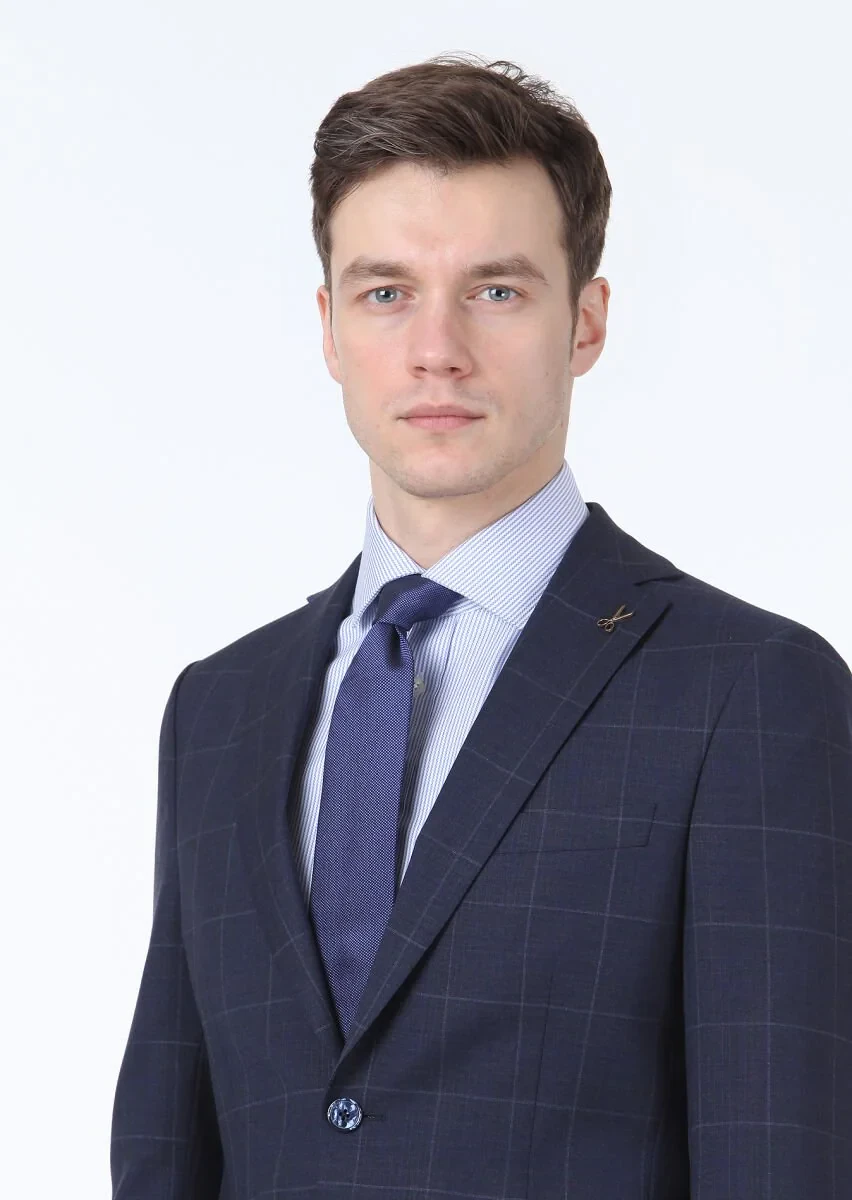 Koyu Mavi Kareli Modern Fit %100 Yün Takım Elbise - 3