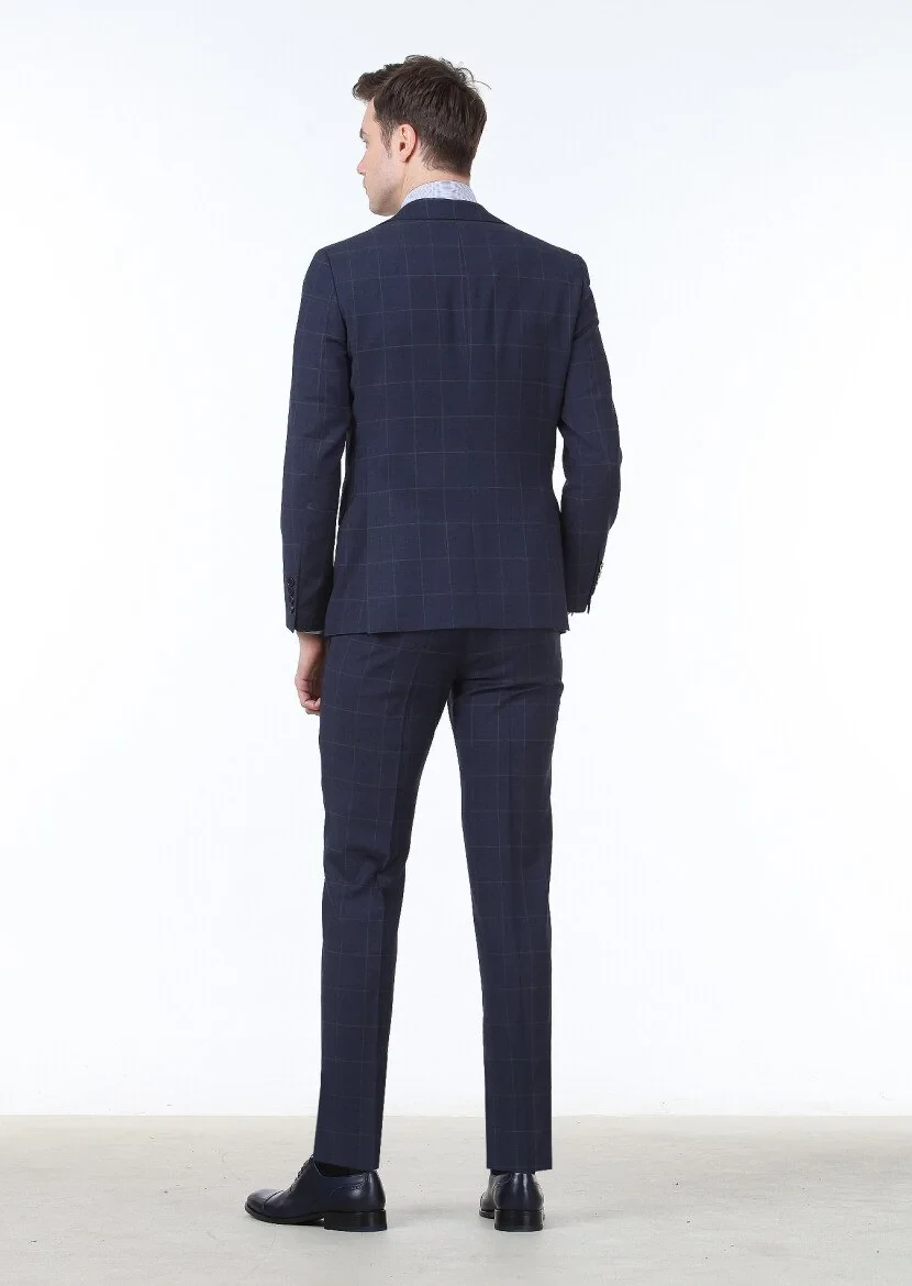 Koyu Mavi Kareli Modern Fit %100 Yün Takım Elbise - 4