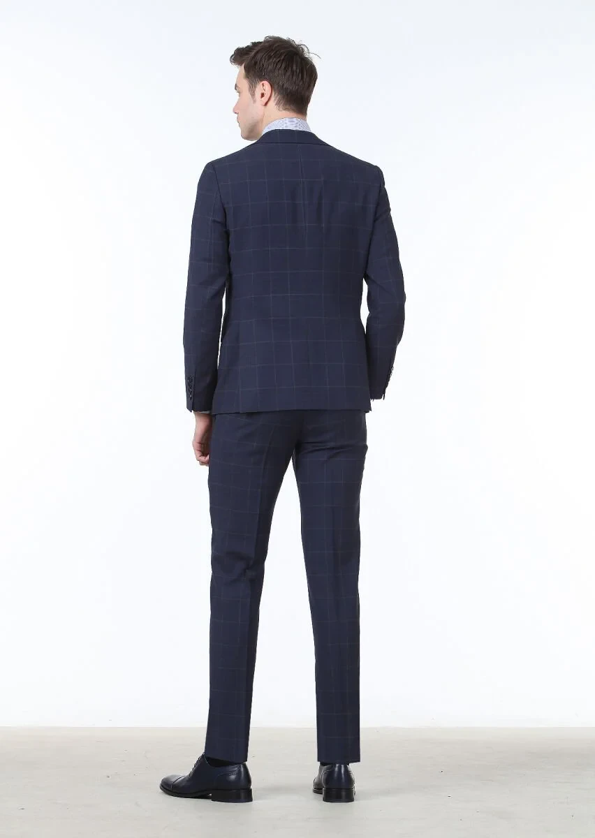 Koyu Mavi Kareli Modern Fit %100 Yün Takım Elbise - 4