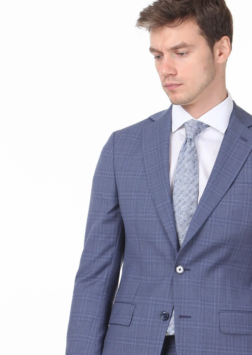 Koyu Mavi Kareli Modern Fit %100 Yün Takım Elbise - 1