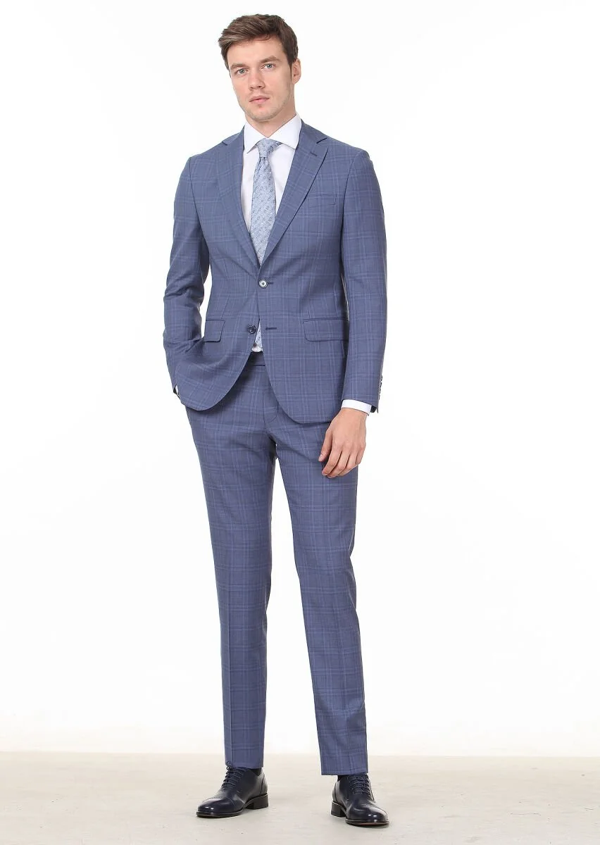 Koyu Mavi Kareli Modern Fit %100 Yün Takım Elbise - 2
