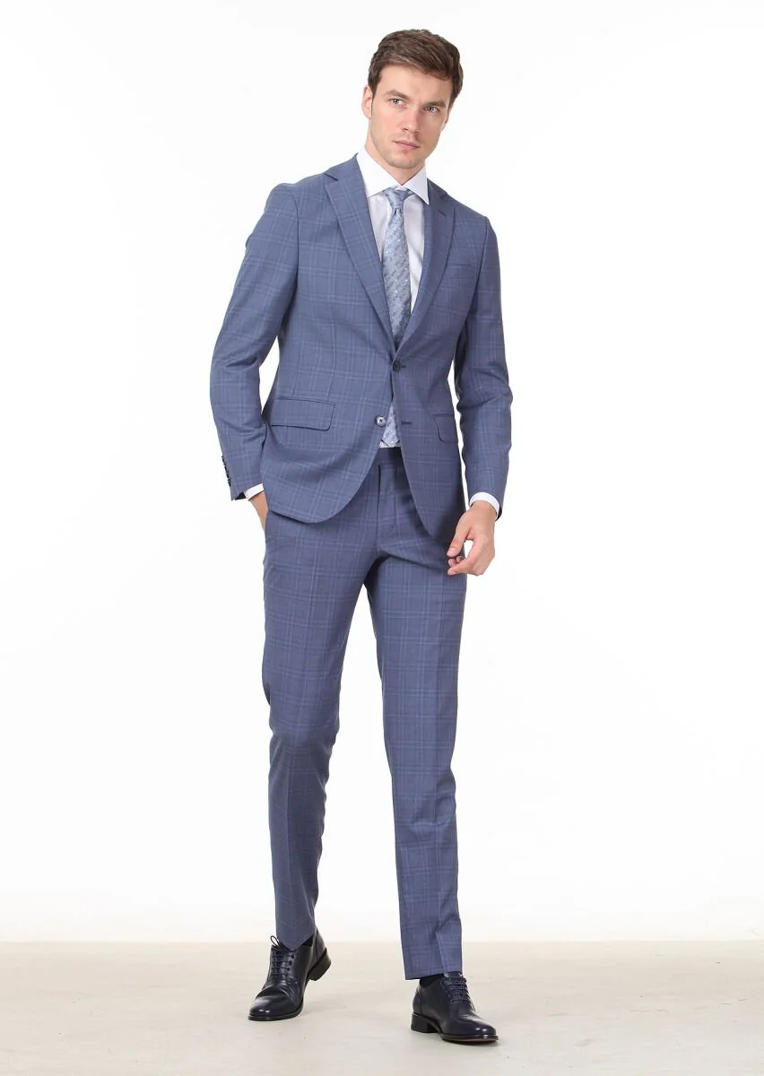 Koyu Mavi Kareli Modern Fit %100 Yün Takım Elbise - 3