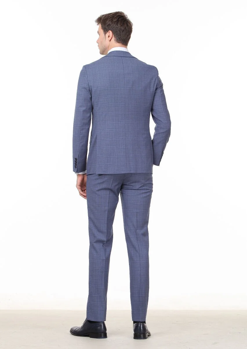 Koyu Mavi Kareli Modern Fit %100 Yün Takım Elbise - 4