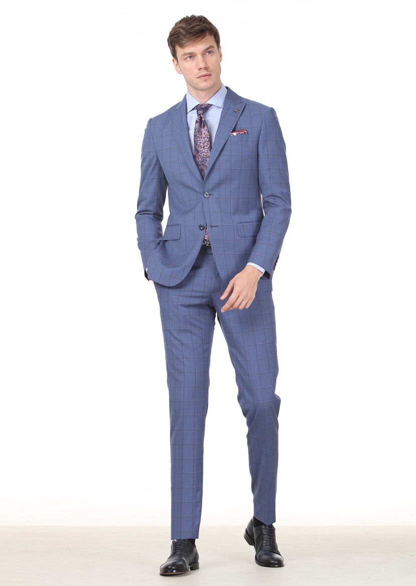 Koyu Mavi Kareli Modern Fit %100 Yün Takım Elbise - 1
