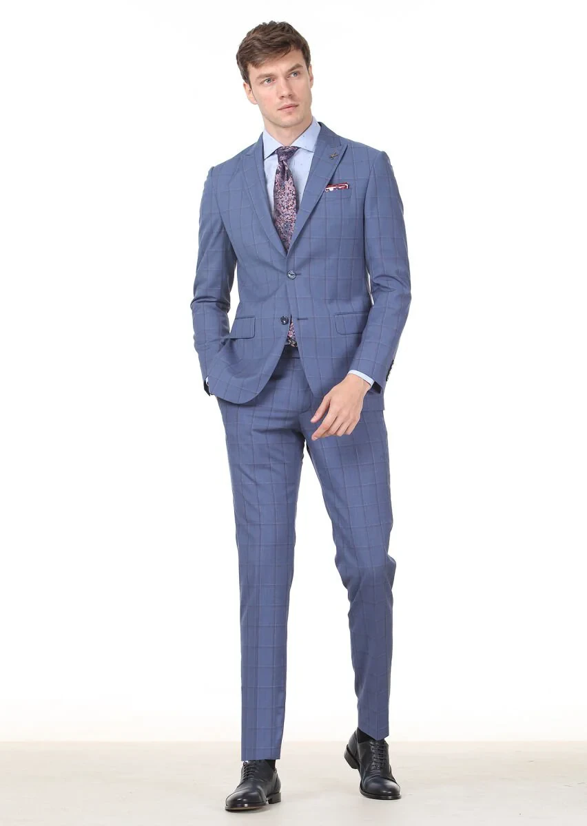 Koyu Mavi Kareli Modern Fit %100 Yün Takım Elbise - 1