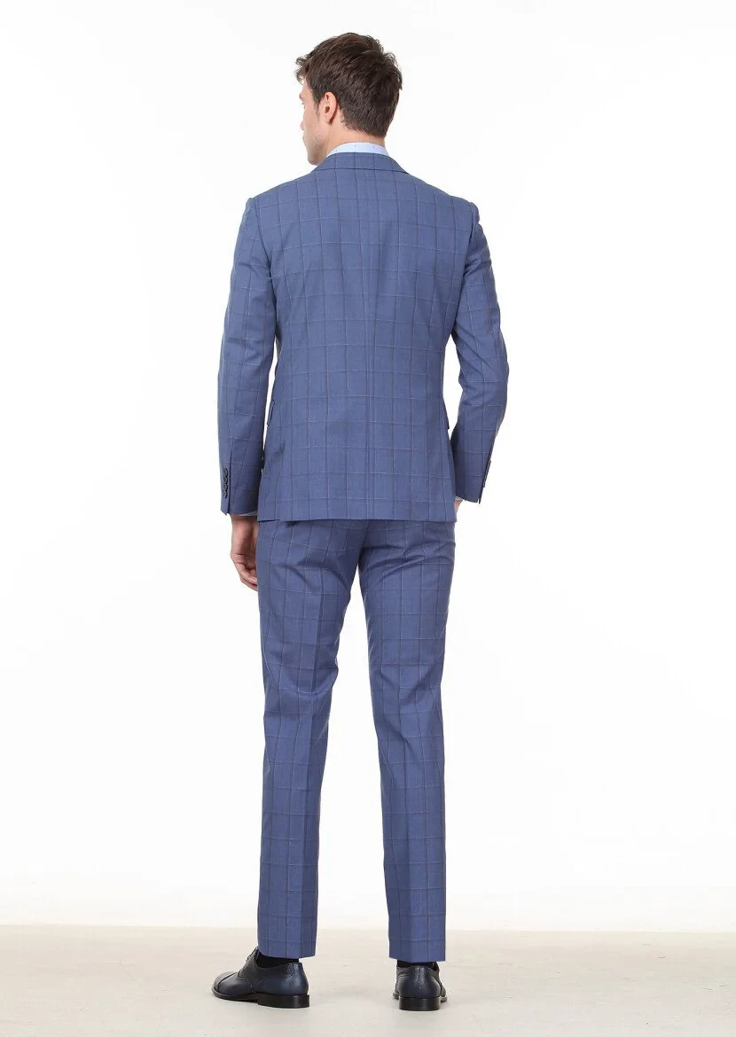 Koyu Mavi Kareli Modern Fit %100 Yün Takım Elbise - 4