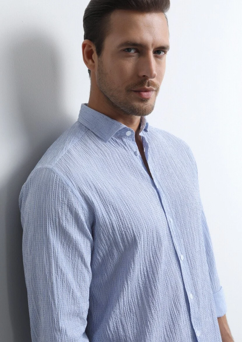 Koyu Mavi Regular Fit Dokuma Casual Pamuk Karışımlı Gömlek - 1