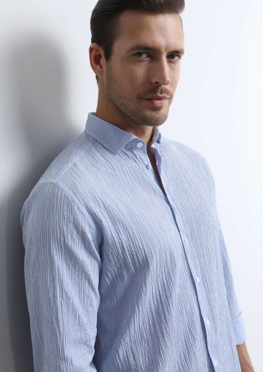 Koyu Mavi Regular Fit Dokuma Casual Pamuk Karışımlı Gömlek - 1