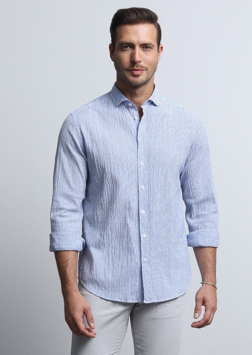Koyu Mavi Regular Fit Dokuma Casual Pamuk Karışımlı Gömlek - 2