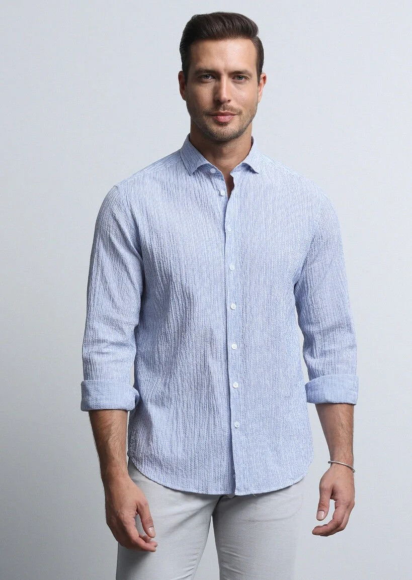 Koyu Mavi Regular Fit Dokuma Casual Pamuk Karışımlı Gömlek - 2
