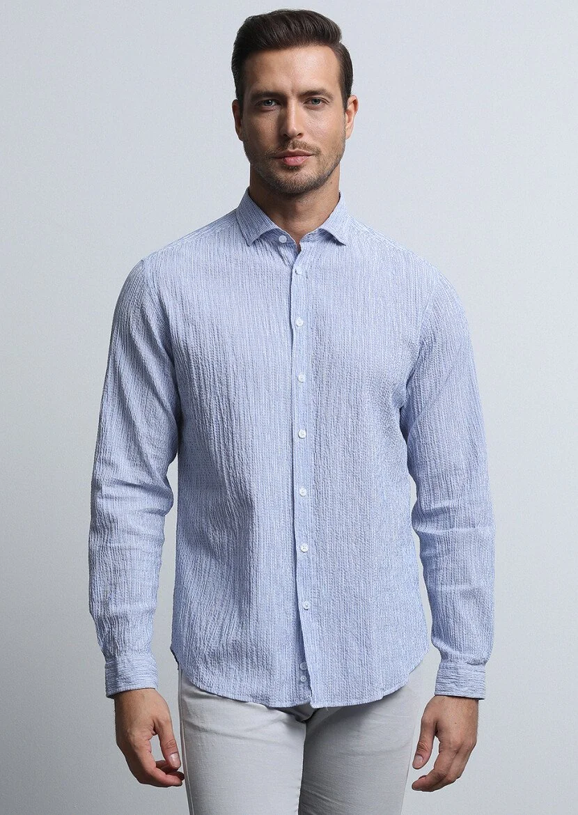 Koyu Mavi Regular Fit Dokuma Casual Pamuk Karışımlı Gömlek - 3