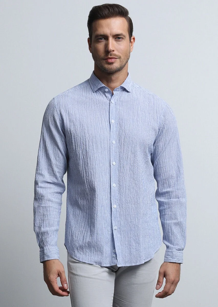 Koyu Mavi Regular Fit Dokuma Casual Pamuk Karışımlı Gömlek - 3