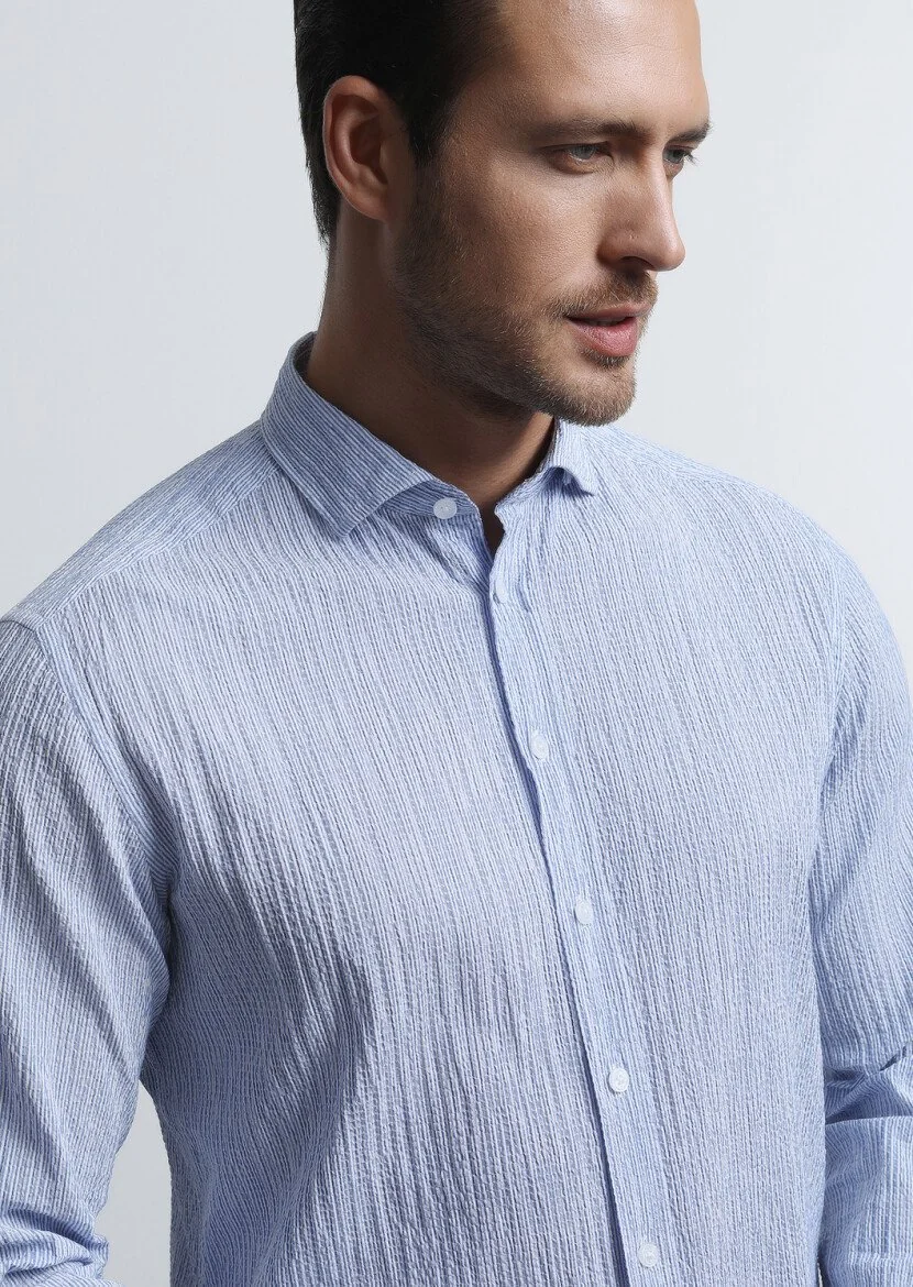 Koyu Mavi Regular Fit Dokuma Casual Pamuk Karışımlı Gömlek - 4