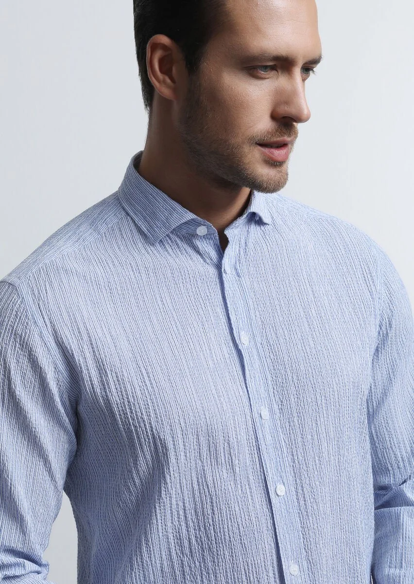 Koyu Mavi Regular Fit Dokuma Casual Pamuk Karışımlı Gömlek - 4