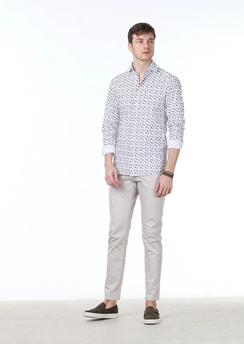 Koyu Mor Baskılı Regular Fit Dokuma Casual %100 Pamuk Gömlek 