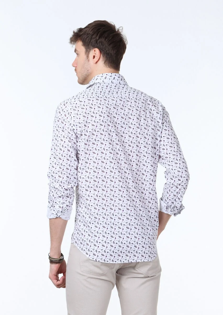 Koyu Mor Baskılı Regular Fit Dokuma Casual %100 Pamuk Gömlek - 4