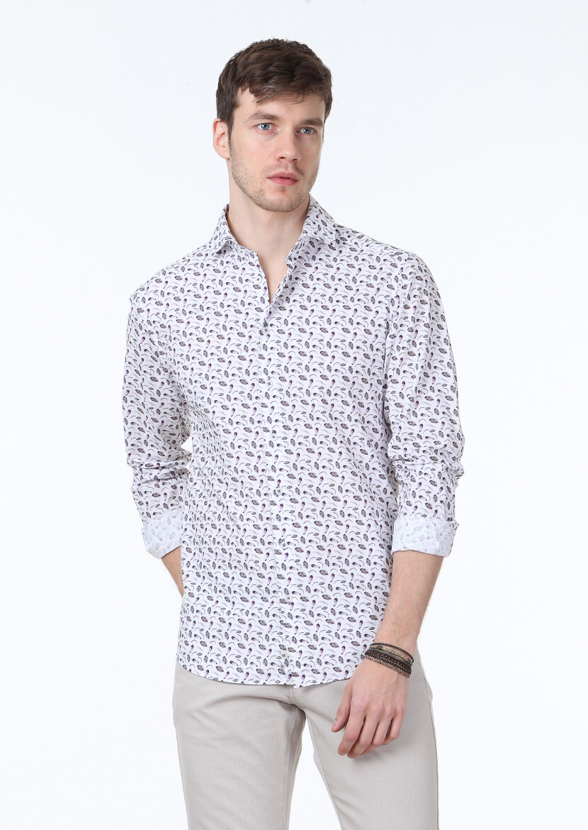 Koyu Mor Baskılı Regular Fit Uzun Dokuma Casual %100 Pamuk Gömlek - 1