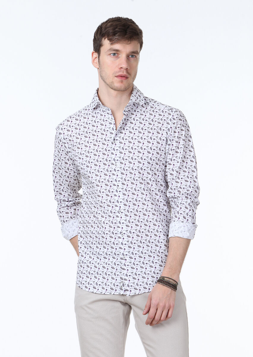 Koyu Mor Baskılı Regular Fit Uzun Dokuma Casual %100 Pamuk Gömlek - 1