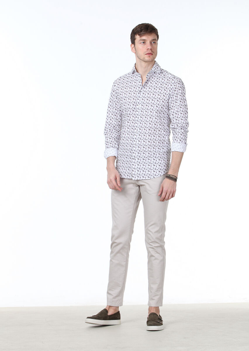 Koyu Mor Baskılı Regular Fit Uzun Dokuma Casual %100 Pamuk Gömlek - 2