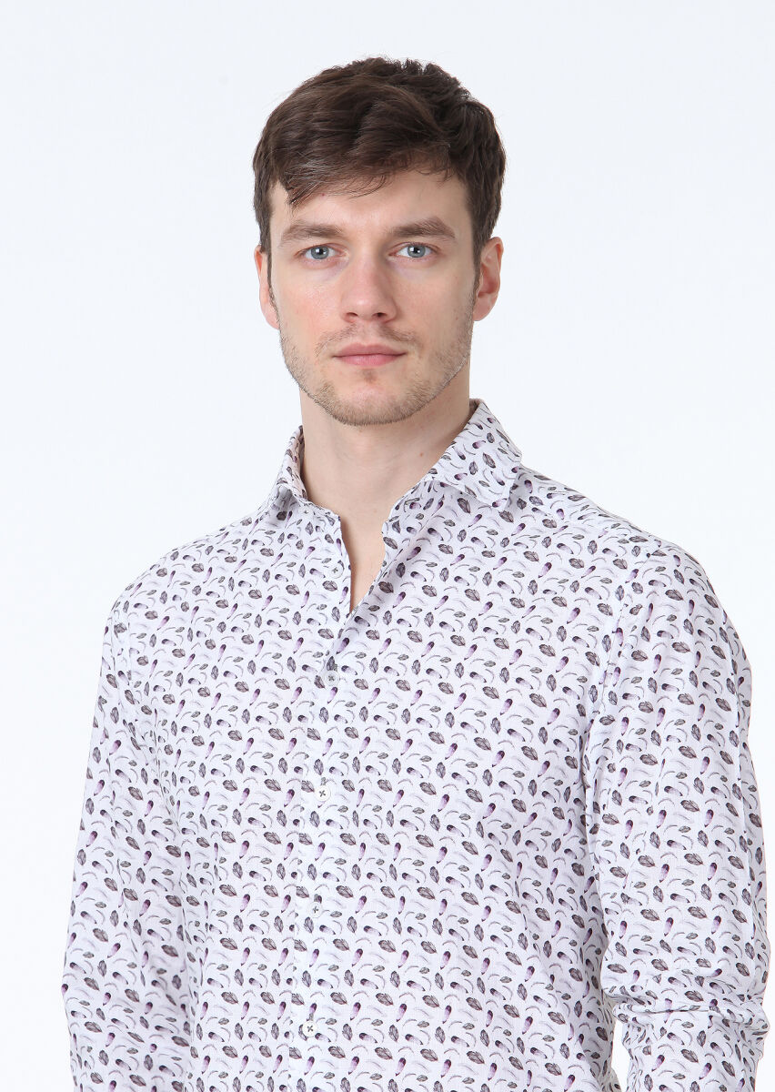 Koyu Mor Baskılı Regular Fit Uzun Dokuma Casual %100 Pamuk Gömlek - 3