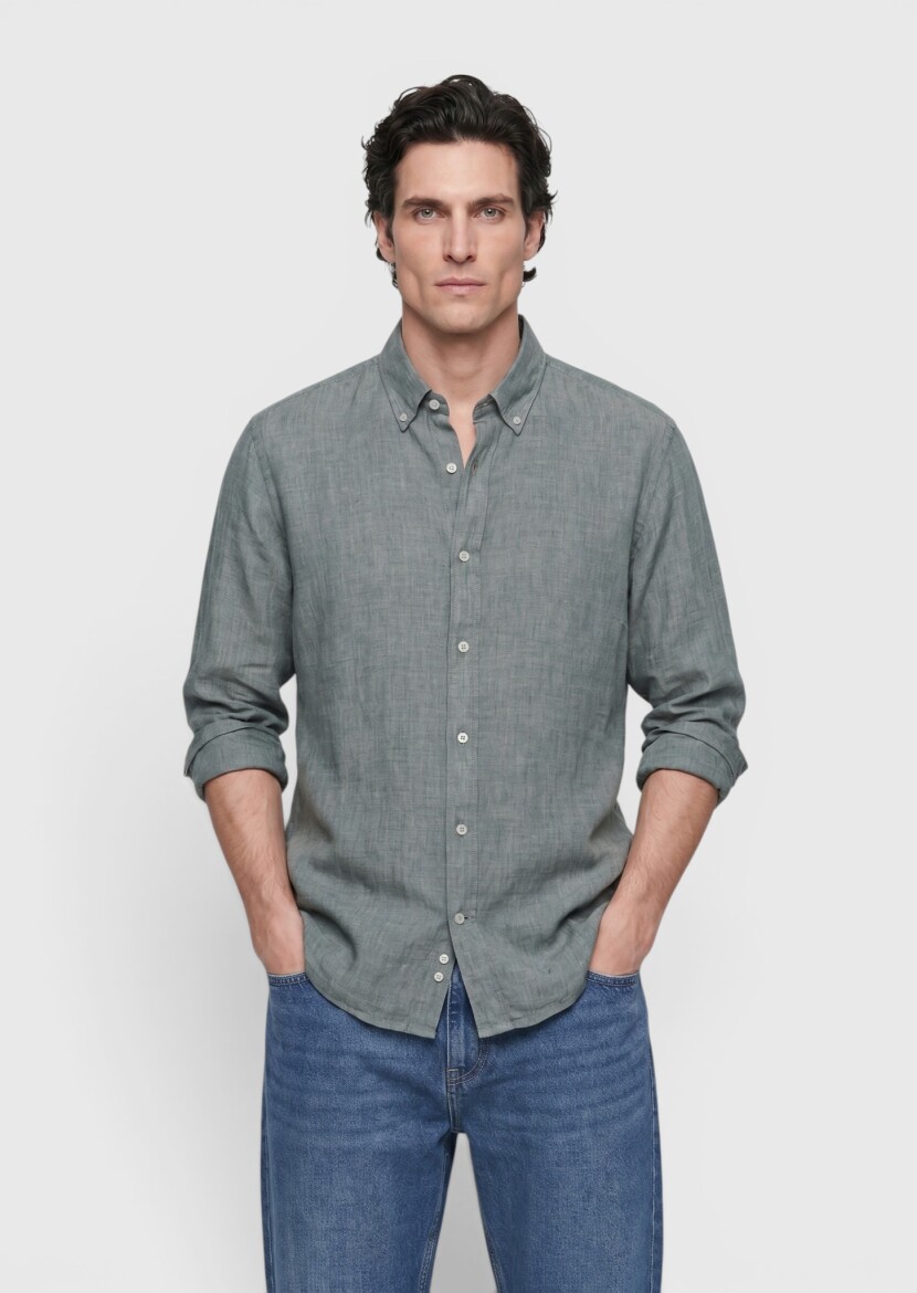 Koyu Yeşil Düz Casual Fit Uzun Dokuma Casual %100 Keten Gömlek 