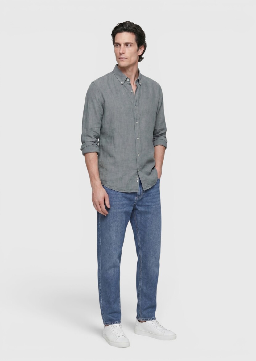 Koyu Yeşil Düz Casual Fit Uzun Dokuma Casual %100 Keten Gömlek - RAMSEY