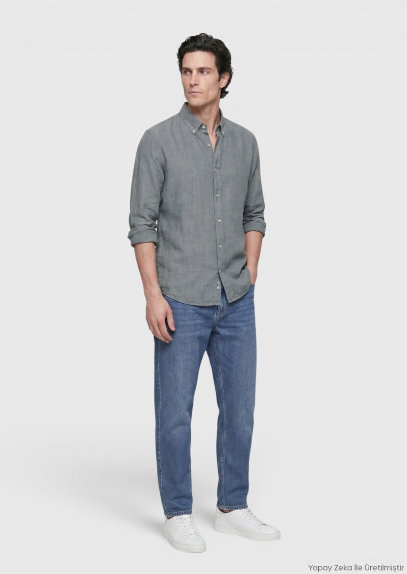 Koyu Yeşil Düz Casual Fit Uzun Dokuma Casual %100 Keten Gömlek - RAMSEY