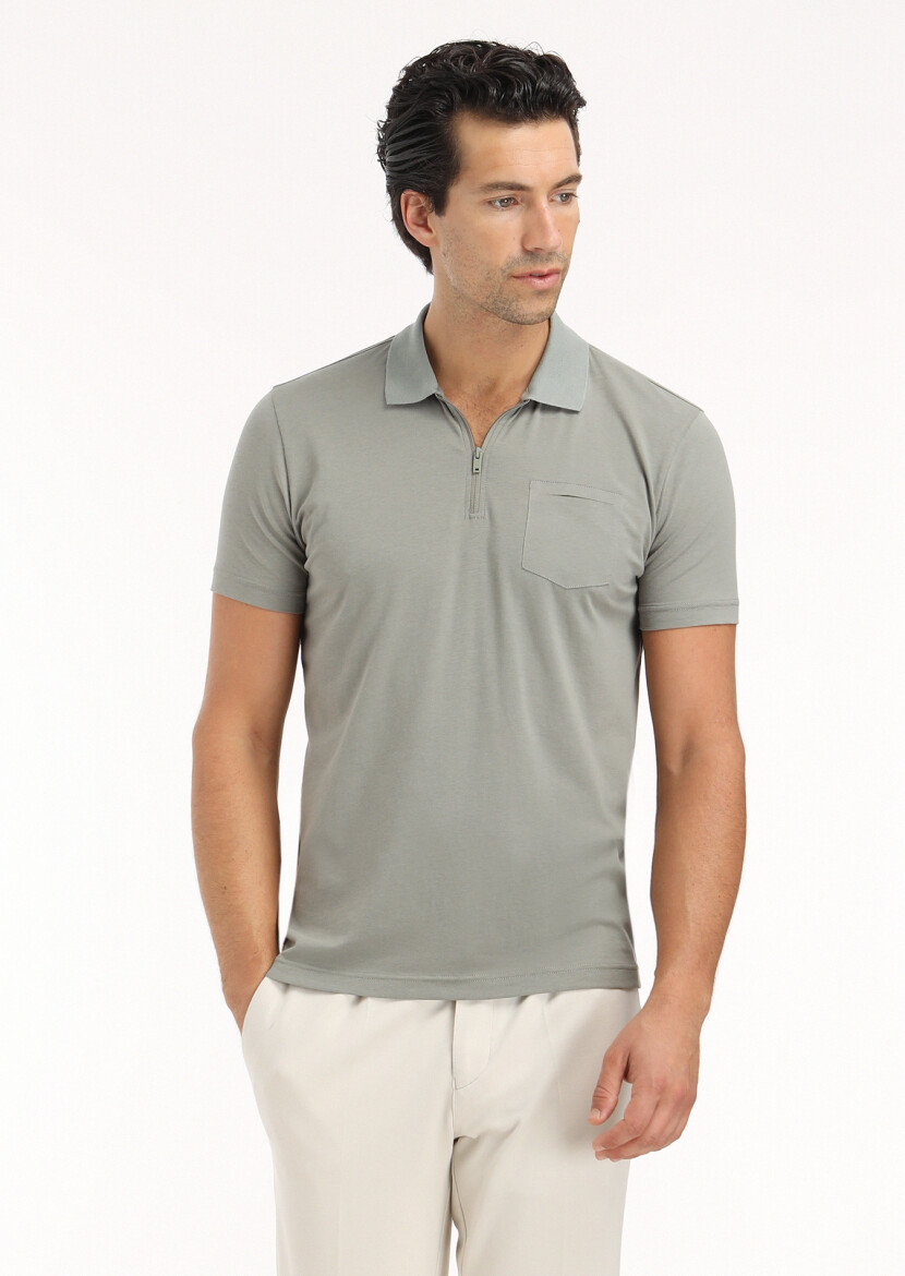 Küf Yeşili Düz Polo Yaka Pamuk Karışımlı T-Shirt 
