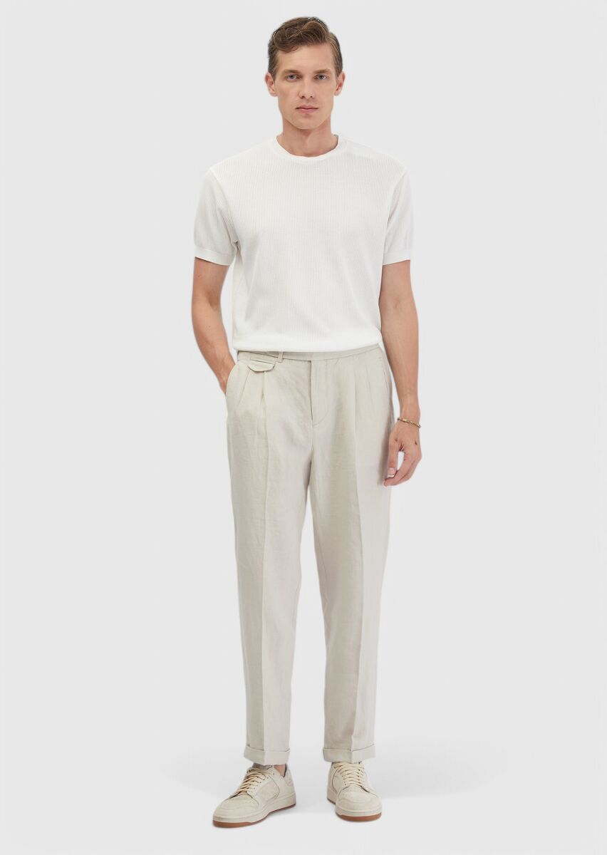 Kum Çizgili Dokuma Carrot Fit Casual %100 Keten Pantolon - 1