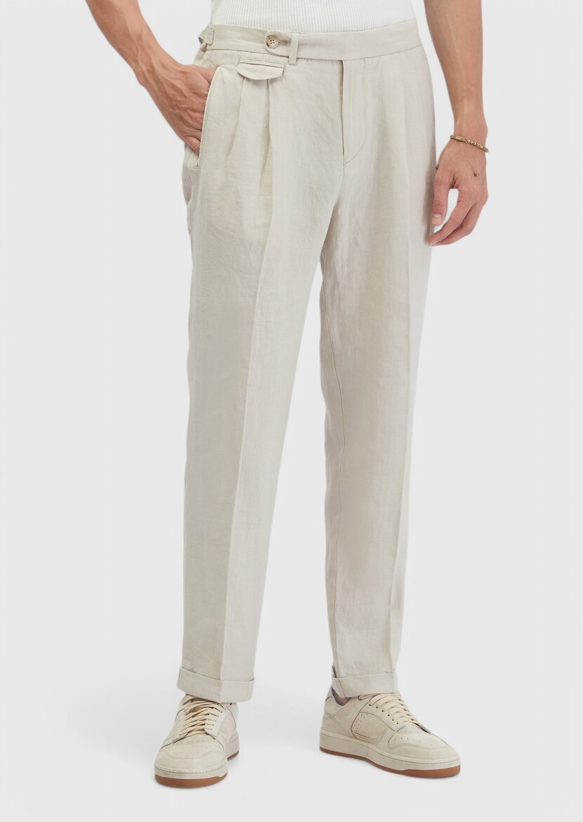 Kum Çizgili Dokuma Carrot Fit Casual %100 Keten Pantolon - RAMSEY