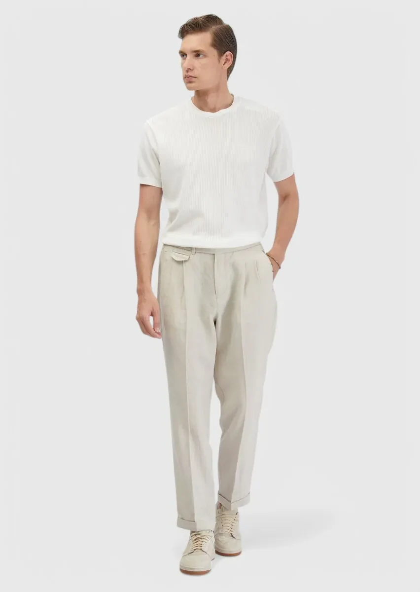Kum Çizgili Dokuma Carrot Fit Casual %100 Keten Pantolon - 3