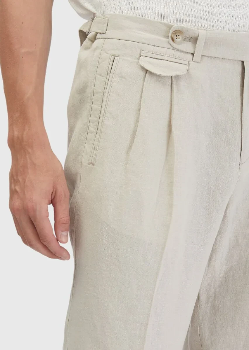 Kum Çizgili Dokuma Carrot Fit Casual %100 Keten Pantolon - 4