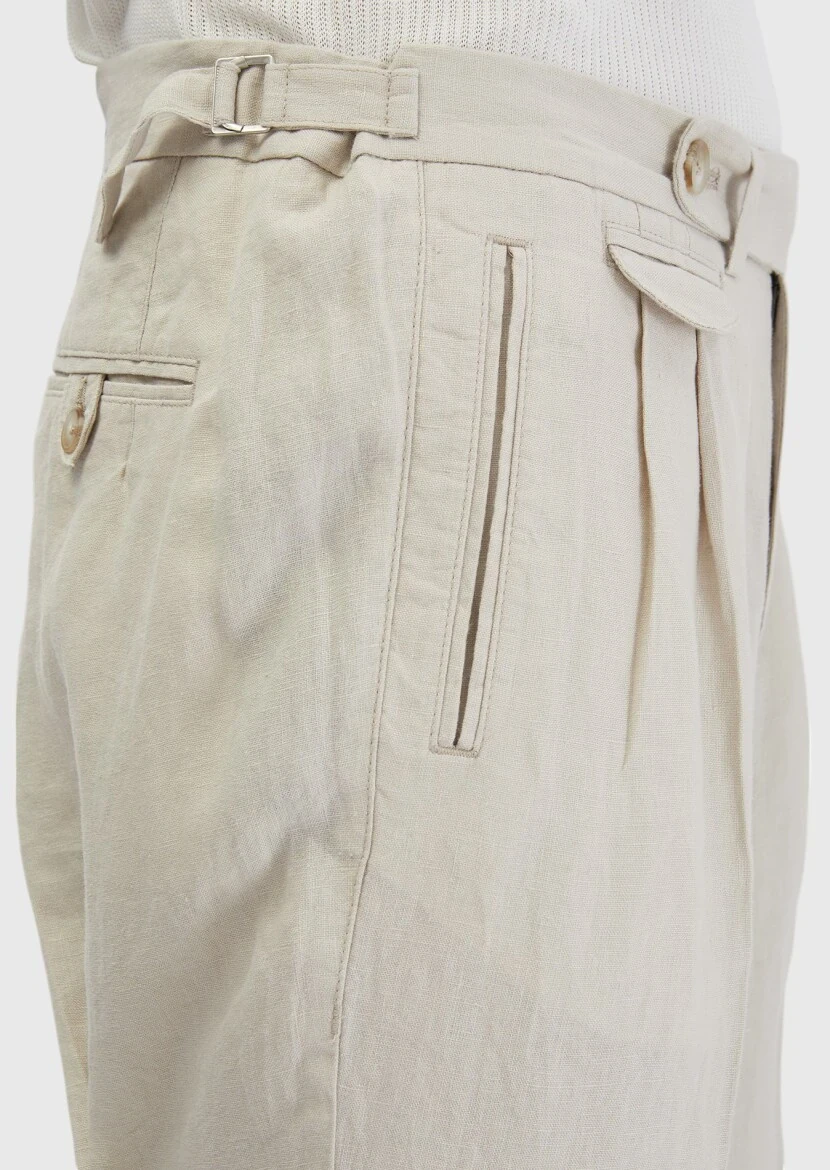 Kum Çizgili Dokuma Carrot Fit Casual %100 Keten Pantolon - 5