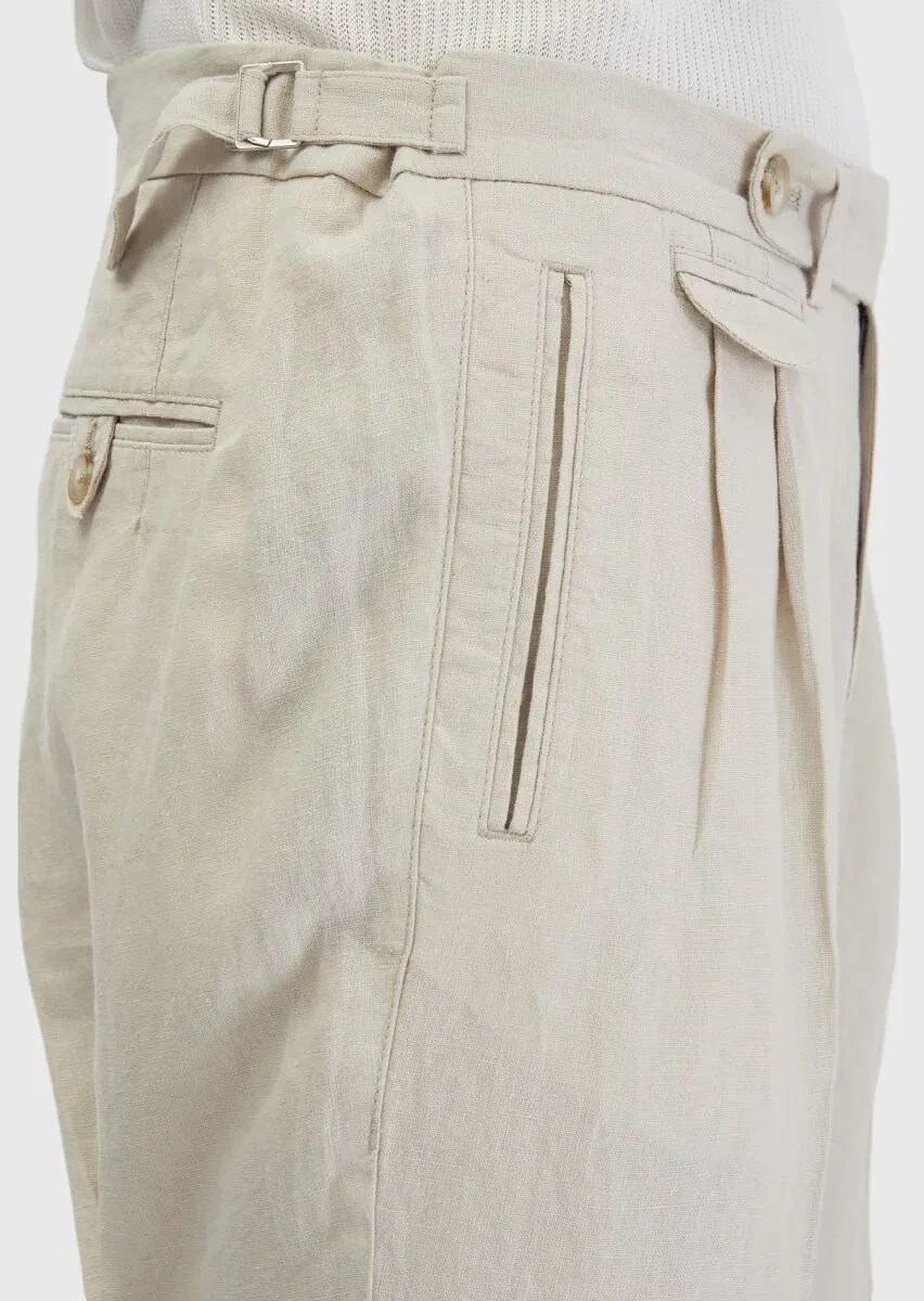 Kum Çizgili Dokuma Carrot Fit Casual %100 Keten Pantolon - 5