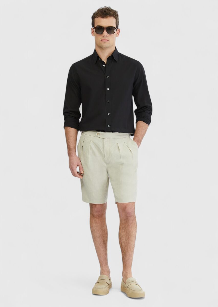 Kum Düz Dokuma Carrot Fit Casual %100 Keten Bermuda - 1