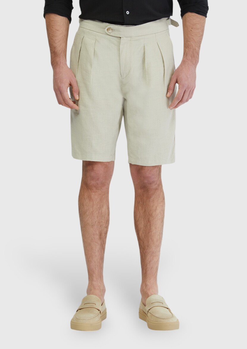 Kum Düz Dokuma Carrot Fit Casual %100 Keten Bermuda - RAMSEY