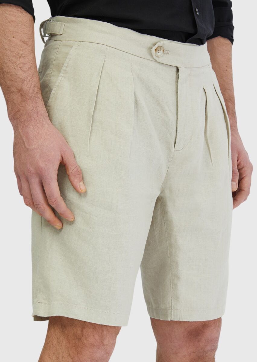 Kum Düz Dokuma Carrot Fit Casual %100 Keten Bermuda - 3