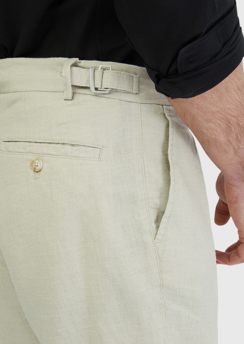 Kum Düz Dokuma Carrot Fit Casual %100 Keten Bermuda - 4