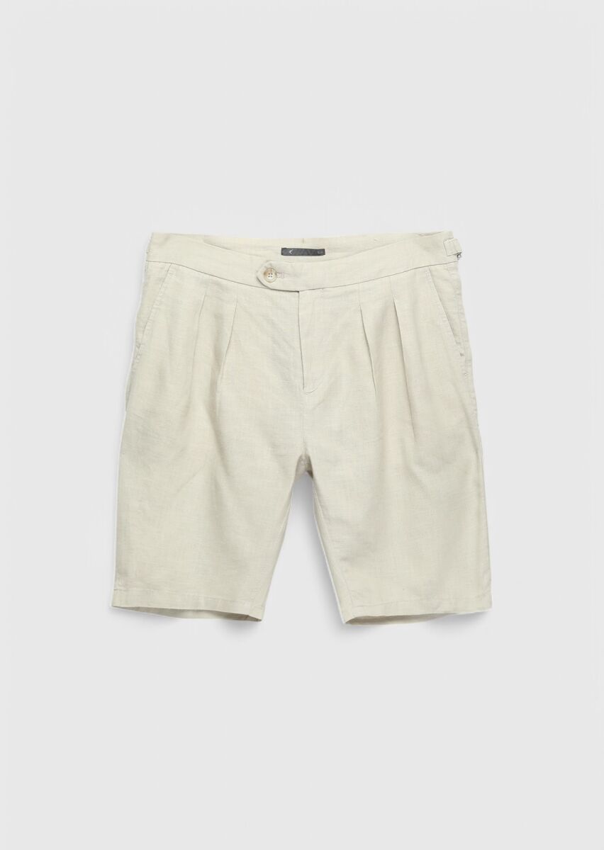 Kum Düz Dokuma Carrot Fit Casual %100 Keten Bermuda - 6