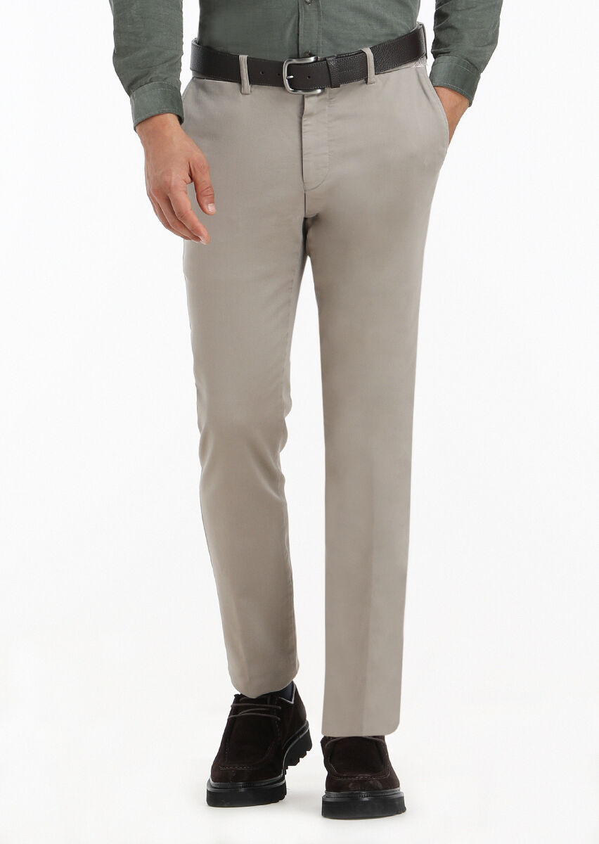 Kum Düz Dokuma Regular Fit Casual Pamuk Karışımlı Pantolon - 1