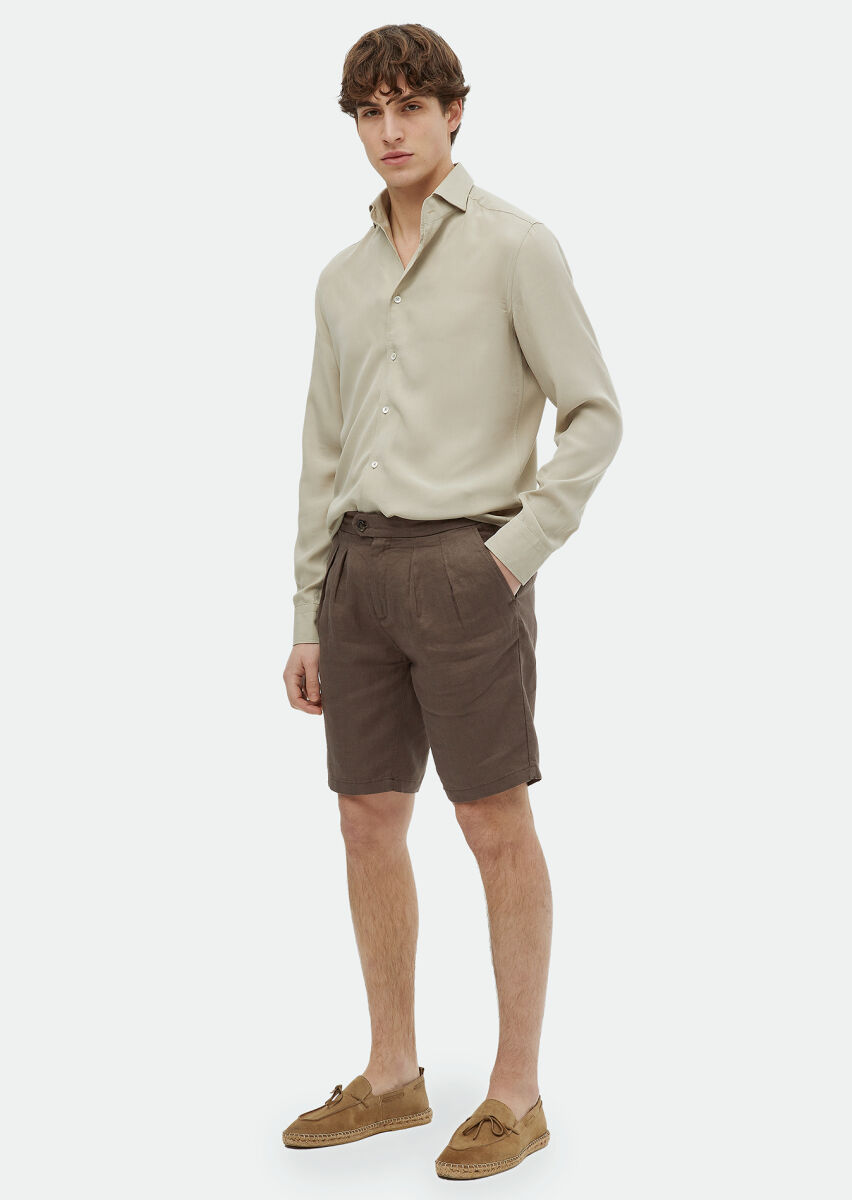 Kum Düz Regular Fit Uzun Dokuma Casual Gömlek - 2