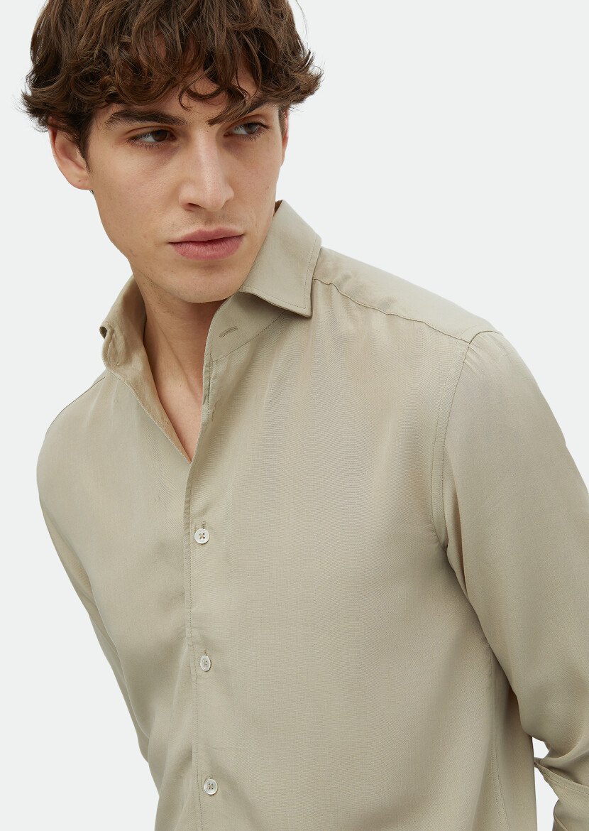Kum Düz Regular Fit Uzun Dokuma Casual Gömlek - 4
