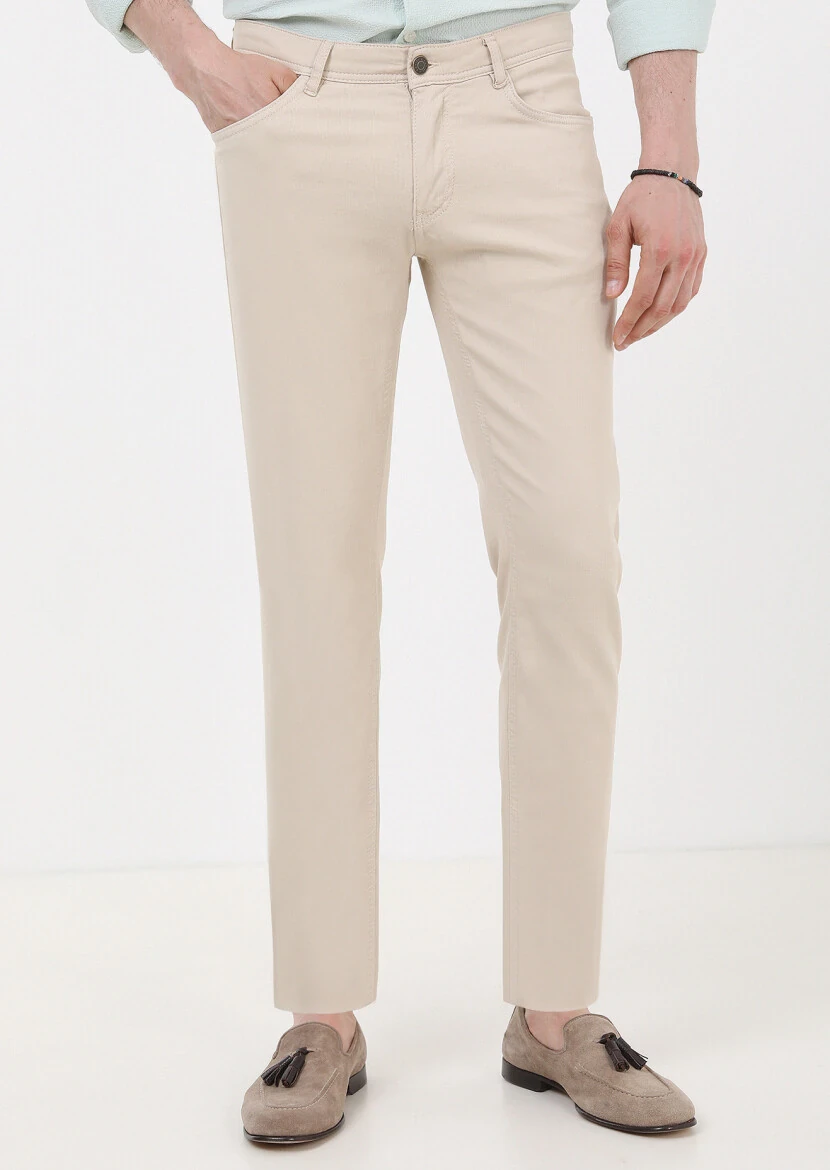 Kum Mikro Dokuma Slim Fit Casual Pamuk Karışımlı Pantolon - 1